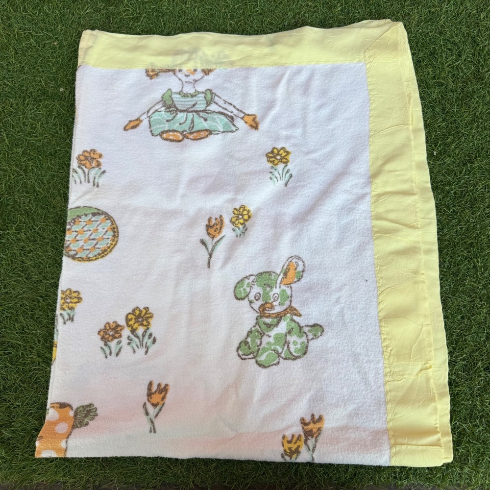 Vintage Ribbon Trim Baby Blanket Crib Pepperell Yellow‎ 34X42 Puppy Lovey Soft